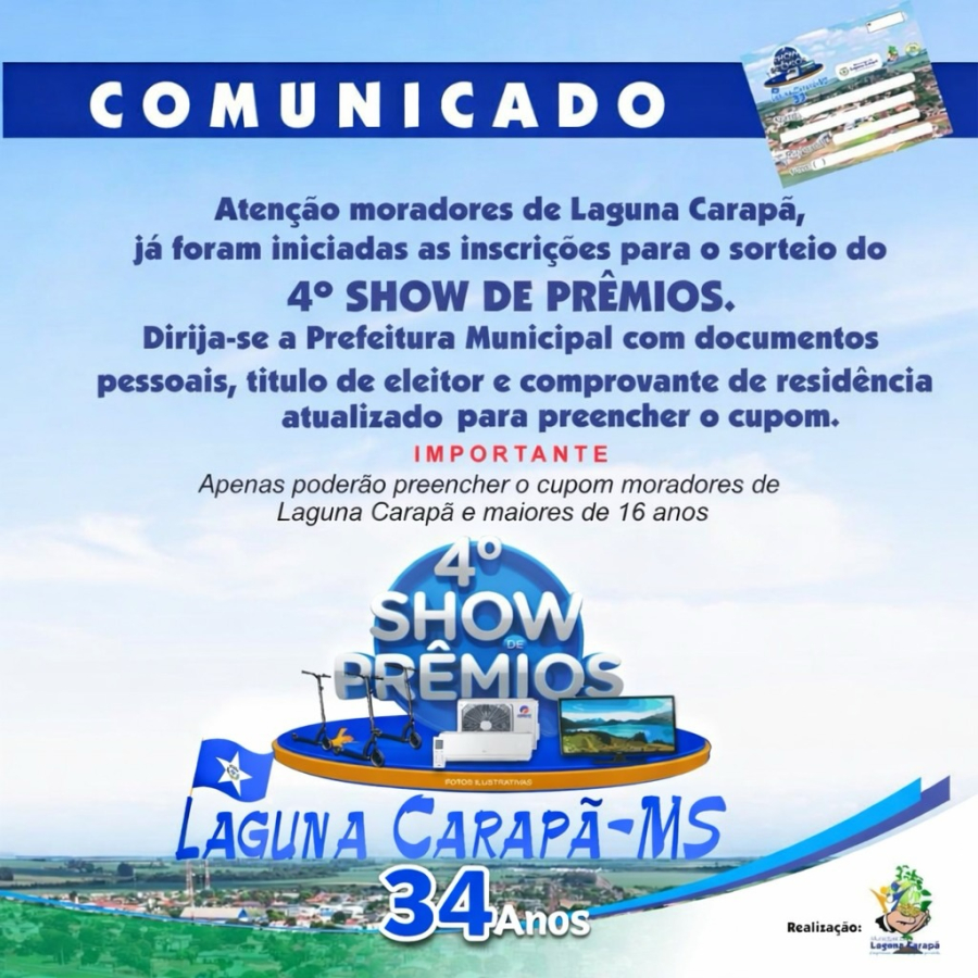 Laguna Carapã abre inscrições para o 4º Show de Prêmios em comemoração aos 34 anos do município