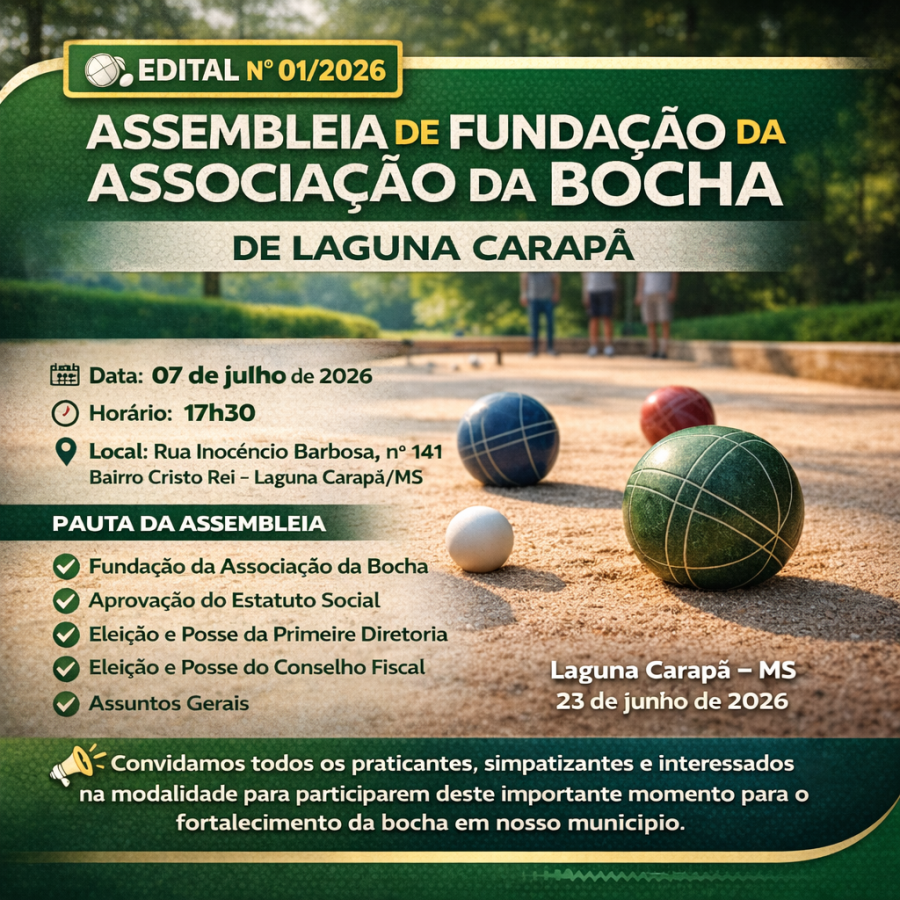 Associação da Bocha de Laguna Carapã Convoca Assembleia de Fundação